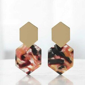 Red Hexagon Multi Color Print Earrings